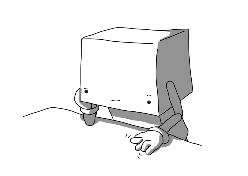 A robot with a large cuboid head and smaller body, seated at a table. Its jointed arms, confusingly, are connected to its head rather than its body, and it's resting its chin in one hand while the other taps on the table with its fingers. It wears an expression of concentration tinged with irritation.
