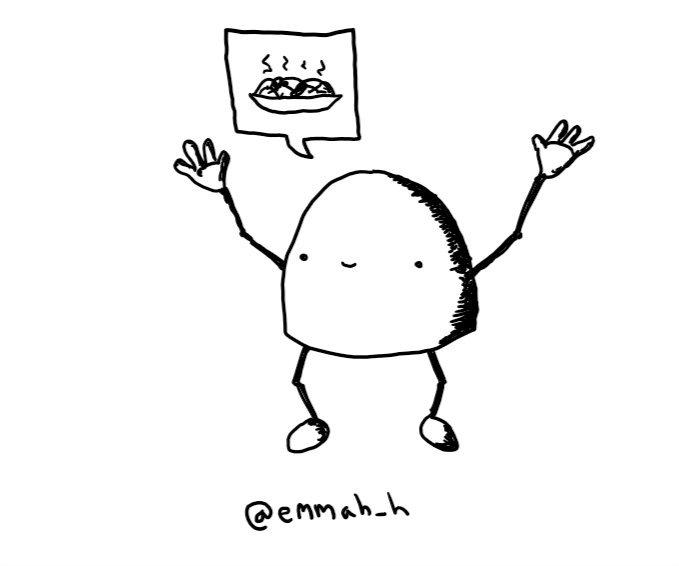 A dome-shaped robot with jointed arms and legs, holding up its hands with a big smile. It has a speech bubble with a bowl of steaming food in it.