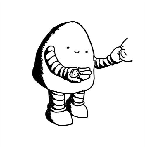 A robot with a rounded top and thick, banded arms and legs cradling a ladybird in one hand and tugging at someone's clothing with the other. It has a pleased expression on its face as it looks down at its discovery.