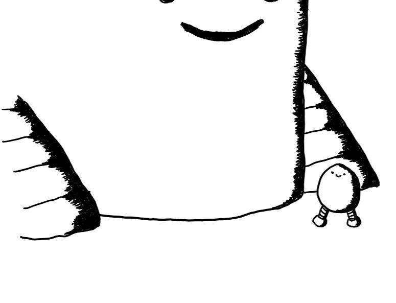 An ovoid robot with two thick, banded legs and a happy face near the top of its body - essentially the same design as Bigbot - standing next to, and dwarfed by, Teabot.