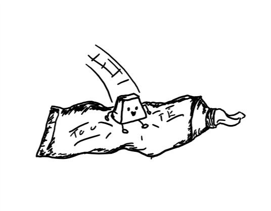 a very small, trapezoid robot jumping onto the middle of an almost-empty tube of toothpaste with a big smile on its face. a small amount of toothpaste is emerging from the tube's nozzle.
