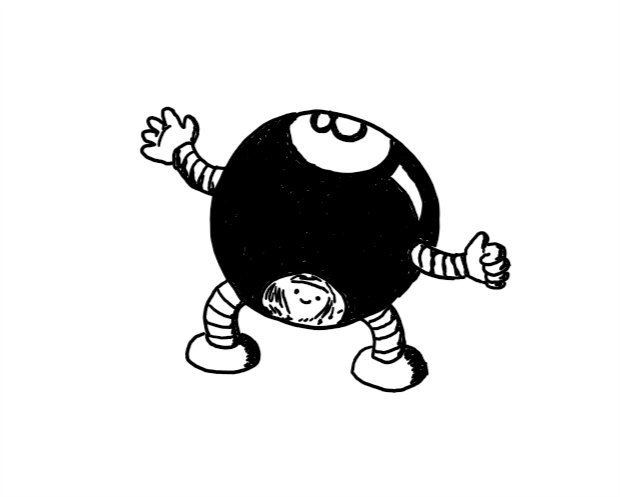 Simply an ambulatory magic 8-ball toy, with banded arms and legs. The transparent bottom where the answers are shown instead has a little floating robot face.