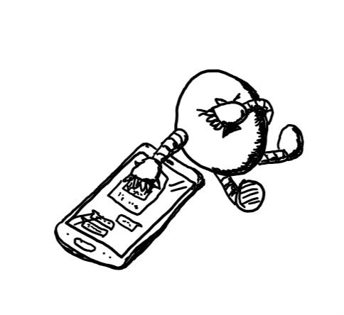 a round robot sitting next to a phone displaying a message conversation. one of its hands is covering a partially-visible picture in one message while the other covers its face as it looks away in disgust.