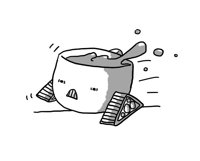 A robot in the form of a wide coffee mug with caterpillar tracks on the bottom. It is veering out of control as it zooms around with a frantic expression on its face and bared teeth, with coffee spilling out of the top.