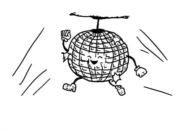 a robot that looks like a disco ball, hanging from a ceiling. has its eyes closed and a big smile on its face as it swings little gloved hands snd kicks its feet which have tiny, sparkly platform boots on.