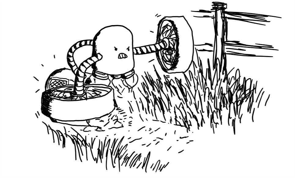 A capsule-shaped robot held aloft by a set of booster jets on its underside. It has long, banded arms with large, propeller-like spinning blades in narrow cylindrical housings on the end, which it is using to cut through long grass near a fence. Another attachment behind it holds a rounded bin on its side with which the robot is collecting the clippings. It looks really angry for some reason.