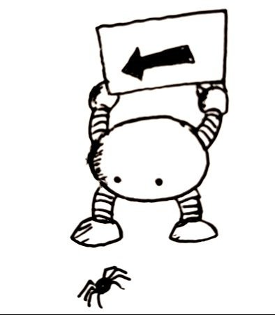 An ellipsoidal robot staring at a spider and holding above its head a sign with a big arrow. The menacing arachnid obediently follows the arrow.