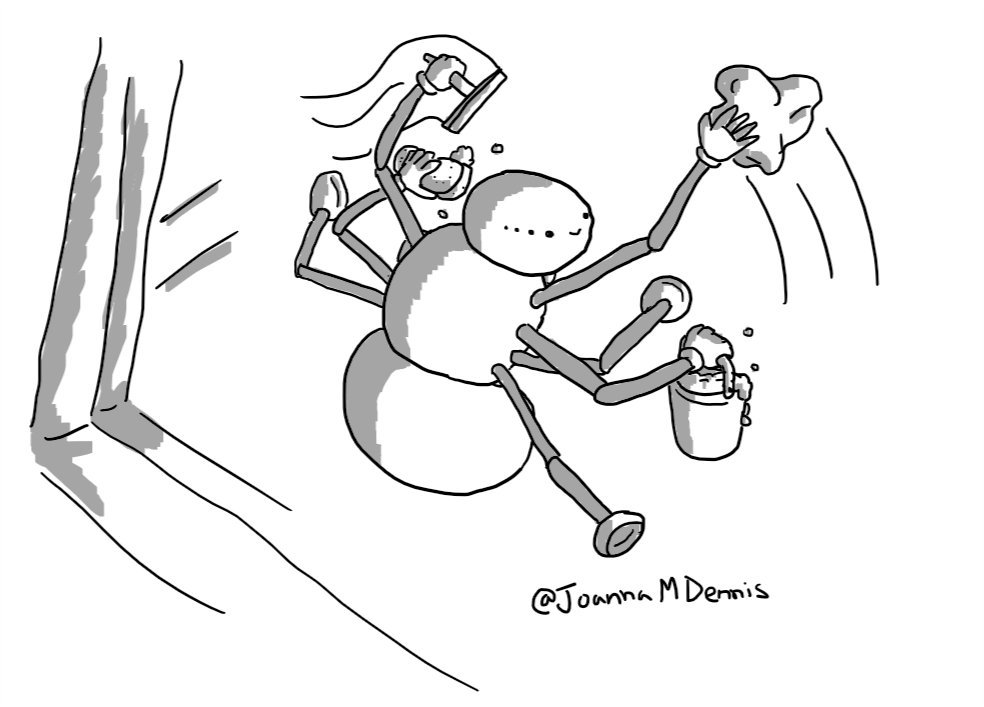 A robot in the form of a spider with two ovoid body sections and a head, complete with eight eyes arranged linearly. Four of its eight jointed limbs end in suckers that are holding it onto the surface of a window, while the remainder have hands which hold a bucket of soapy water, a cloth, a sponge and a squeegee.