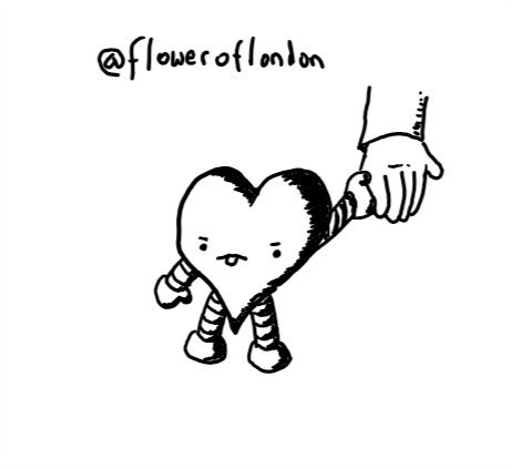 A heart-shaped robot holding someone's hand as it frowns and sticks out its little tongue.