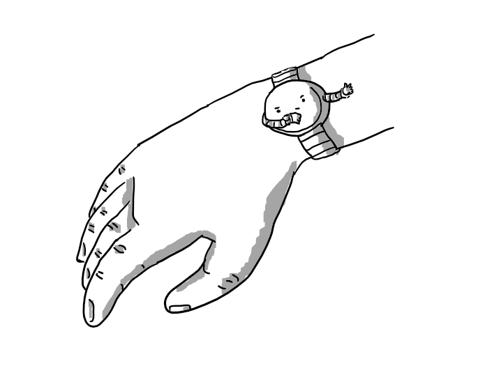 A person's hand, with a disc-shaped robot mounted on a banded strap on the wrist. The robot has two little arms, one of which has a watch on the wrist that it's looking down at with a slight frown.