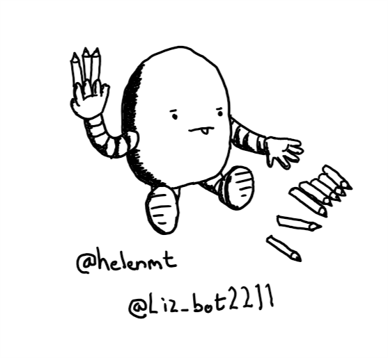 A little ovoid robot sitting on the ground with some pencils in one hand and a eat line of pencils lying next to it. It has an expression of concentration with its tongue sticking out as it works.