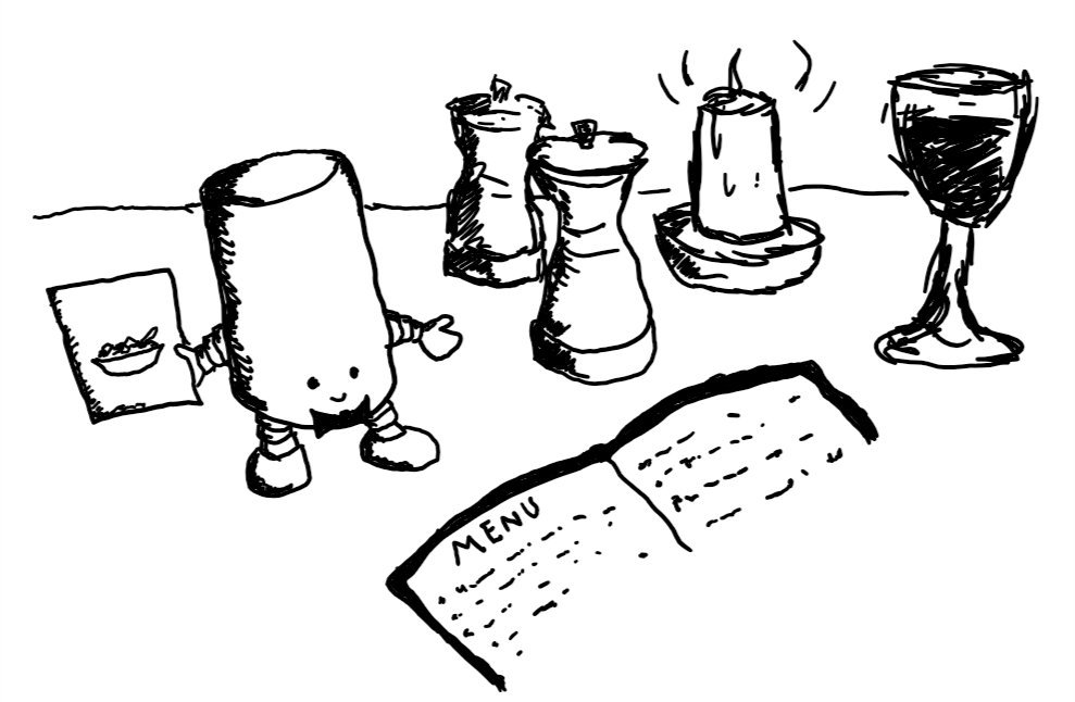 a cylindrical robot standing on a table in a restaurant with salt and pepper pots, a candle and a glass of wine. the menu is open in front of it and its arms are extended invitingly as it holds up a picture of a dish. the robot is smiling and also wears a black bow-tie.