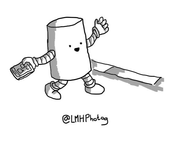 A cheerful cylindrical robot walking down a pavement with a phone in one hand and waving at someone out of frame with the other.