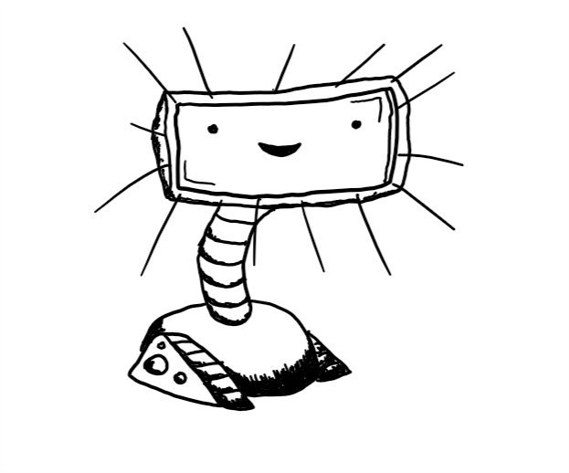 A robot with a big cheery rectangular face that functions as a lamp, mounted on a banded neck with is connected to a rounded unit with all-terrain caterpillar tracks on either side.