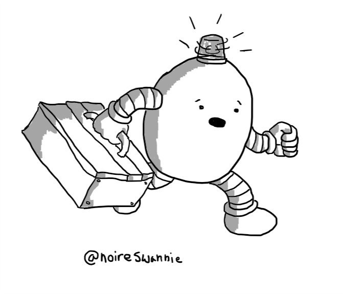 An ovoid robot with a big toolbox in one hand and a spinning, flashing emergency light on its top. It's running to the rescue with an alarmed expression on its face.