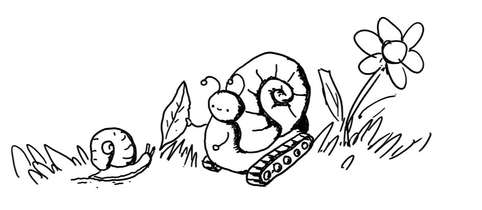 a little robot that looks like a snail, but with tiny arms and little caterpillar tracks, is smiling as it hands a leaf to an actual snail, while a flower stands unmolested in the background.