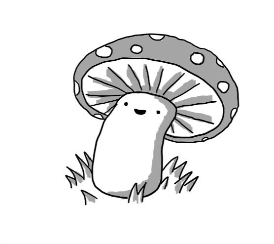 A robot in the form of a cartoon mushroom, with a smiley face on the stalk so the cap looks like a wide hat.
