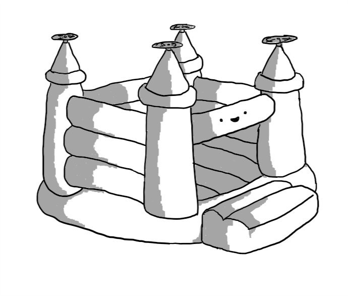 A robot in the form of a bouncy castle, with propellers on each turret and its face on the cross-beam above the entrance.