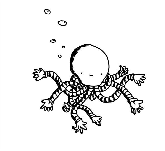 A smiling robot with a bulb-shaped head and a tangle of eight long, flexible arms coming from its underside. Each arm ends in a little gloved hand doing something different- pointing, giving a thumbs up, reaching delicately for something, waving. Bubbles ascend from the robot's head.