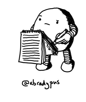 A round robot with a thoughtful expression writing in a small notebook.