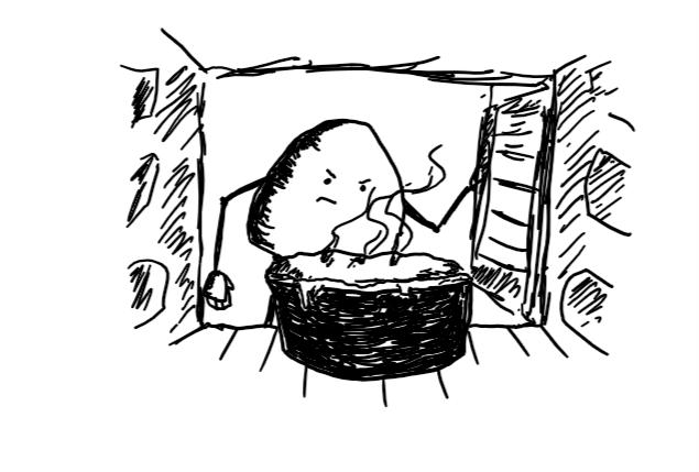 a dome-shaped robot opening an oven door to peer suspiciously at a baking pie inside.