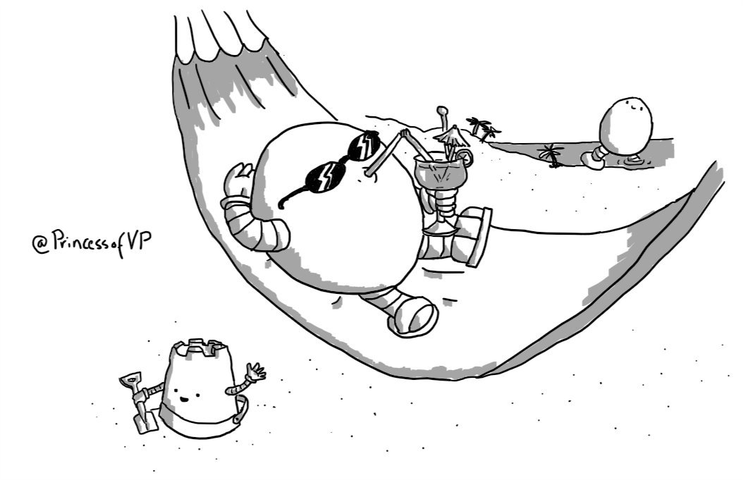 A round robot lying on a hammock on a beach. It's wearing sunglasses and flip-flops and drinking an elaborate cocktail through a long straw. Sandcastlebot is on the ground next to it, playing in the sand with a spade, while in the distance Bigbot wades ashore next to a few palm trees.