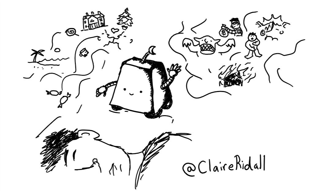 a trapezoid robot with wheels and little arms and an antennae with a crescent moon on it sits next to a sleeping person. one arm is raised, halting swirling images including a house fire, a monster, a burglar, a car crash and an embarrased naked person. the other arm is gesturing forward swirling images of sweets, a lollipop, a beach, a mansion, two people kissing, Teabot and a Christmas tree.