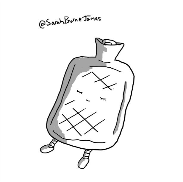A robot in the form of a hot water bottle with little legs on the bottom and a face in the middle. It appears to be sleeping contentedly with a small smile and closed eyes with tiny visible eyelashes.