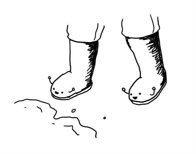 someone wearing a pair of Wellington boots that are also robots. they have very happy faces on the front and are each waving little arms in the air as the wearer approaches the edge of a muddy puddle.
