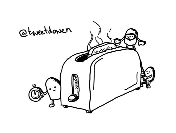 a toaster mid-way through making toast is surrounded by three concerned-looking, round-topped robots. one is looking at a stopwatch, another holds a ladder set up against one end of the toaster that the final robot - wearing safety goggles and large gloves - has ascended to investigate the gently smoking toast.