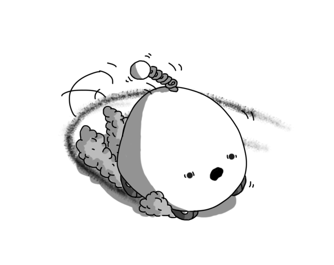 A dome-shaped robot with wheels on the bottom and a coiled antenna. It's making a screeching, 180-degree turn, smoke coming from its wheels, skid marks on the ground behind it. Its face looks panicked.
