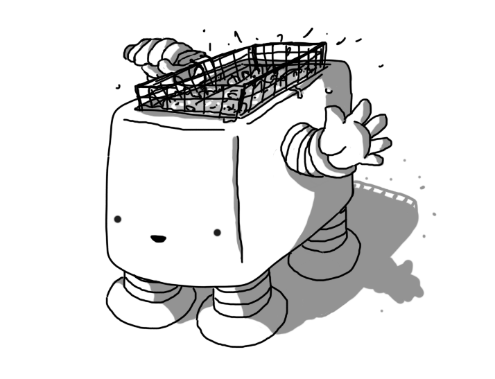 A robot in the form of an oblong deep-fat fryer. It has four banded legs on its underside and its smiling face is on one of the narrower sides. It has two banded arms and one is reaching up to lift its frying basket from its bubbling, spitting interior.