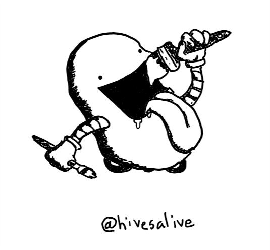 a roughly cylindrical robot with three wheels and an enormous mouth with a large, flopping tongue hanging out. it is holding one small paintbrush in one hand and happily lowering a larger one towards its mouth with the other