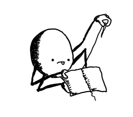 An ovoid robot sitting on the floor with its spindly legs folded around it, holding a piece of fabric in one hand while pulling a needle and thread with the other to stitch a seam across it. Its face has a look of intense concentration with its little tongue sticking out.