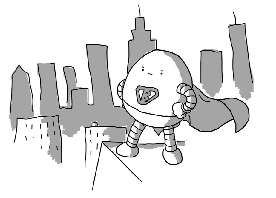 An ovoid robot standing on a building's roof looking out over a city skyline with its fists planted on its hips. It wears a billowing cape and superhero-style trunks and on its chest is a Superman-like badge with a 'B' instead of an 'S'. It has a very determined facial expression.