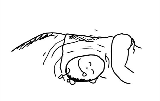 A sleeping ovoid robot, curled up next to a sleeping person, with a contented look on its face, with lines indicating radiating heat around it.