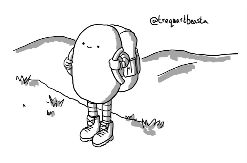 A pill-shaped robot wearing a backpack and walking boots, standing happily on a tussocky hillside.
