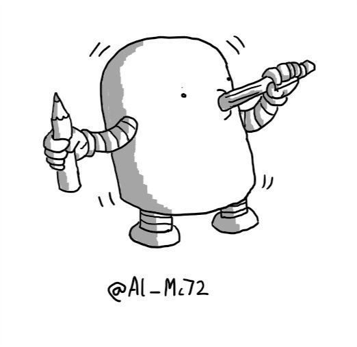 A squat, cylindrical robot with a rounded top holding a pencil in one hand while it seemingly chews on another. Its whole body is vibrating.