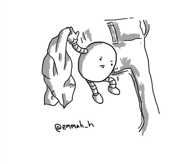 A small round robot sitting balanced on top of a trouser pocket, reaching in with one arm and holding a crumpled tissue in its other hand.