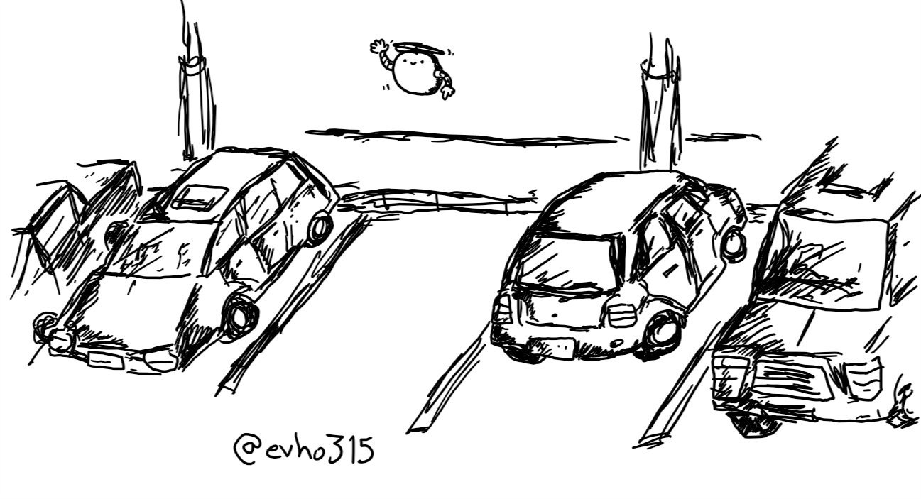 A row of parked cars in a car park, with one free space in the middle, above which hovers a waving, spherical robot with a propeller on top.