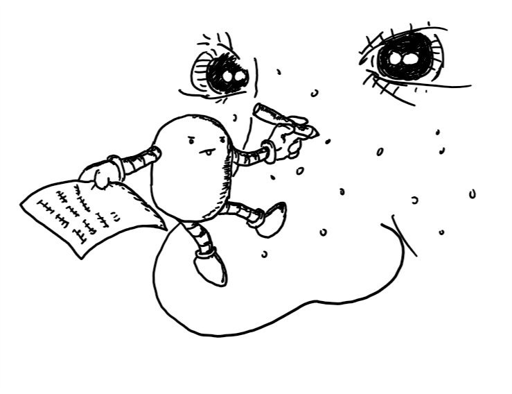 a small robot perched on a freckled person's nose, counting off each freckle with a pencil while flourishing a page marked with tallies. it has a look of intense concentration on its face while the owner of the nose is going cross-eyed trying to focus on it.