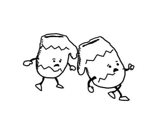 two robots in the form of mittens with little arms and legs and worried expressions on their faces as they hurry after someone.