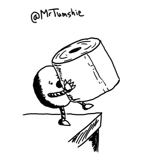 A round robot standing on a counter with an alarmed expression on its face as it opens its mouth to call out. It is holding up a toilet roll larger than itself and overbalancing slightly in its haste.