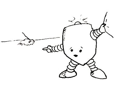 A robot with a blinking light tugging on a person's trouser leg and pointing urgently at a dog in the distance.