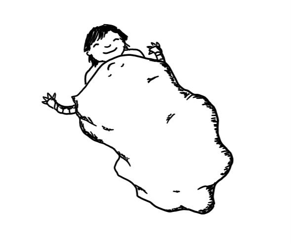 a person lying underneath a large, amorphous robot with small arms at the top. both robot and person are sleeping with contented smiles.