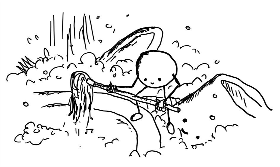 A small spherical robot with jointed arms and legs cheerfully wielding a tiny mop that it's using to wash a plate in a basin full of soapy water and cutlery. It's perched somewhat precariously with one foot on the plate and one on a bobbing, smiling Teabot, partially submerged.