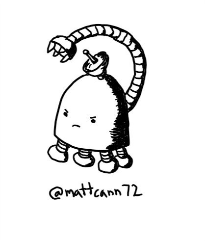 A dome-shaped robot with four stumpy legs and a little radar dish on its top. It has one long arm snaking from its back which is tipped with a clawed hand. Its expression is one of determined annoyance.
