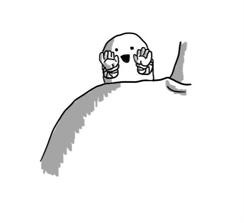 A rounded robot looking over someone's shoulder with its hands held to its open mouth.