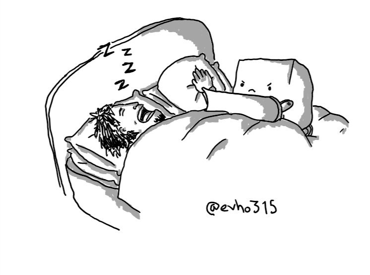 A robot shaped like a cube with a curved back propelled by small tracks and with a curved bulldozer blade on the front is pushing against someone sleeping on their back with their mouth wide open and 'Z's coming out. Next to them in the bed is another person muffling their ears with a pillow. The robot looks quite angry.