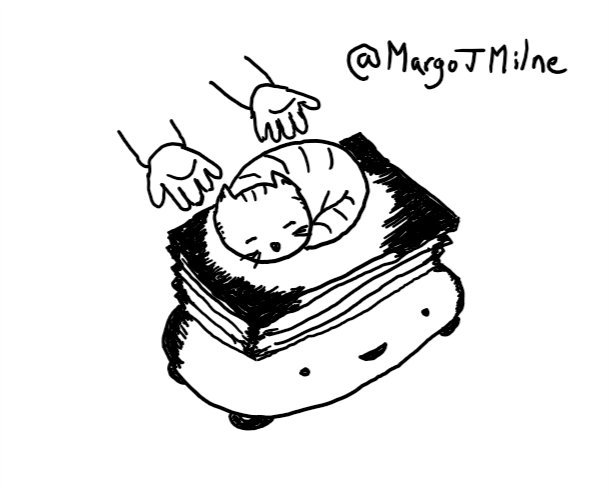 a pair of human hands depositing a sleeping, stripy cat atop a flat platform that is being raised on a bellows-like extender, emerging from the top of a wide,  low rounded robot with four small wheels and a happy face